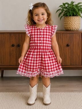 Cat & Jack Red and White Gingham Eyelet Trim Romper Szie 3t